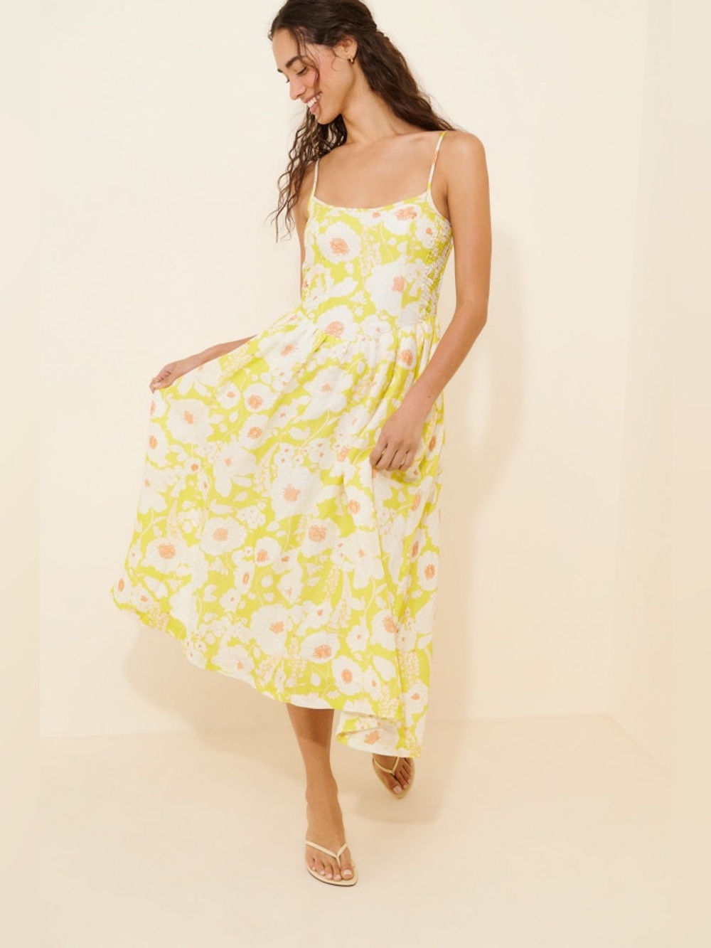 European Linen Drop Waist Midi Dress Size L